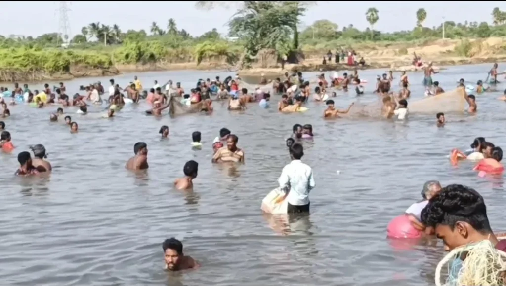 கல்லூர் ஏரியில் மீன்பிடித் திருவிழா : குவிந்த கிராம மக்கள்