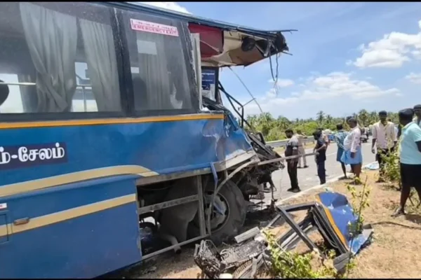 டேங்கர் லாரி மீது அரசு பேருந்து மோதி விபத்து - ஓட்டுநர் உயிரிழப்பு , 7 பேர் படுகாயம்