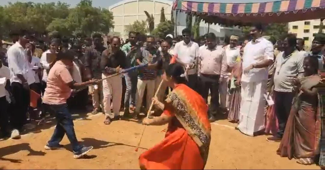 விழுந்து, எழுந்து சிலம்பம் சுழற்றிய பெண் எம்பி